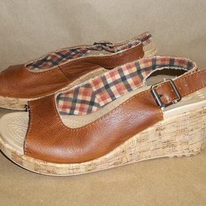 Womens Crocs Cork Wedge Brown Leather Slingback Plaid Lined  Size 8      C3